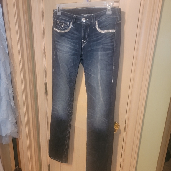 Misses sz 30 True Religion Jeans Crystal mesh pockets Slim Straight Stretch LN - Picture 4 of 10